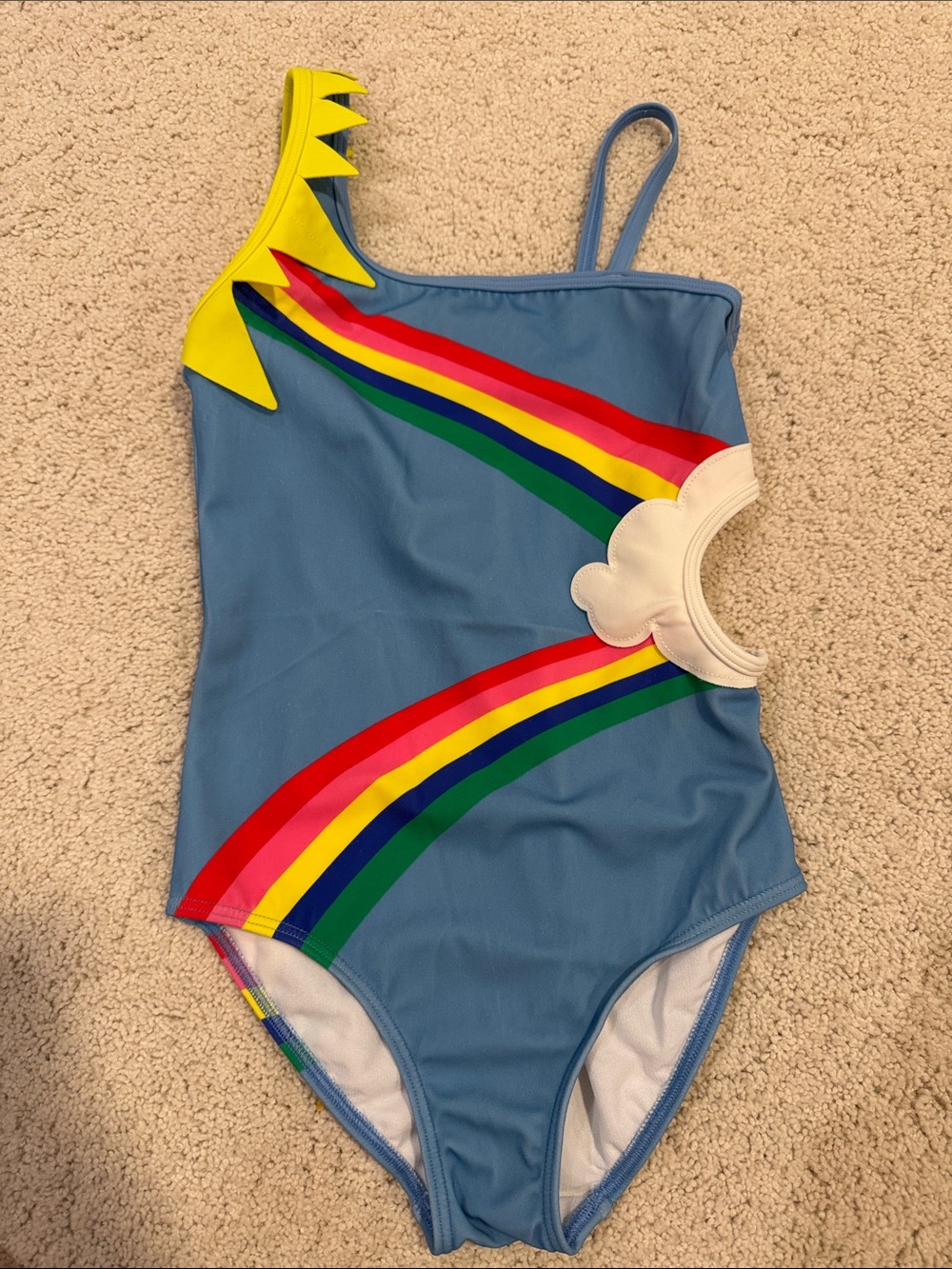Mini Boden Blue One-Piece Swimsuit with Rainbow Stripes and Yellow Spike Accent